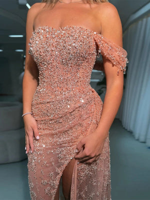 Sheath Off-the-Shoulder Sequin Sweep Train Lace Prom Dress
