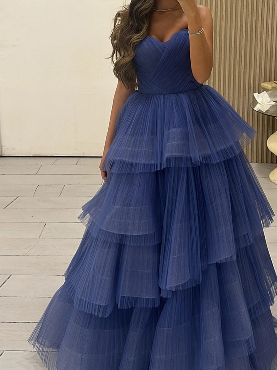 A-line Sweetheart Cascading Ruffles Floor-Length Tulle Corset Prom Dress