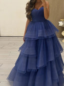 A-line Sweetheart Cascading Ruffles Floor-Length Tulle Corset Prom Dress