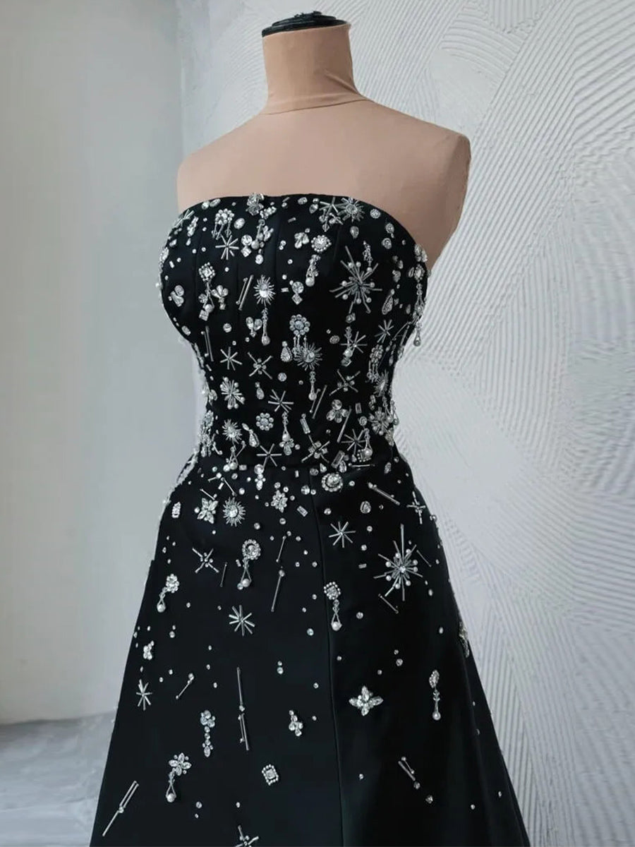 A-line Straight Rhinestone Floor-Length Satin Corset Prom Dress