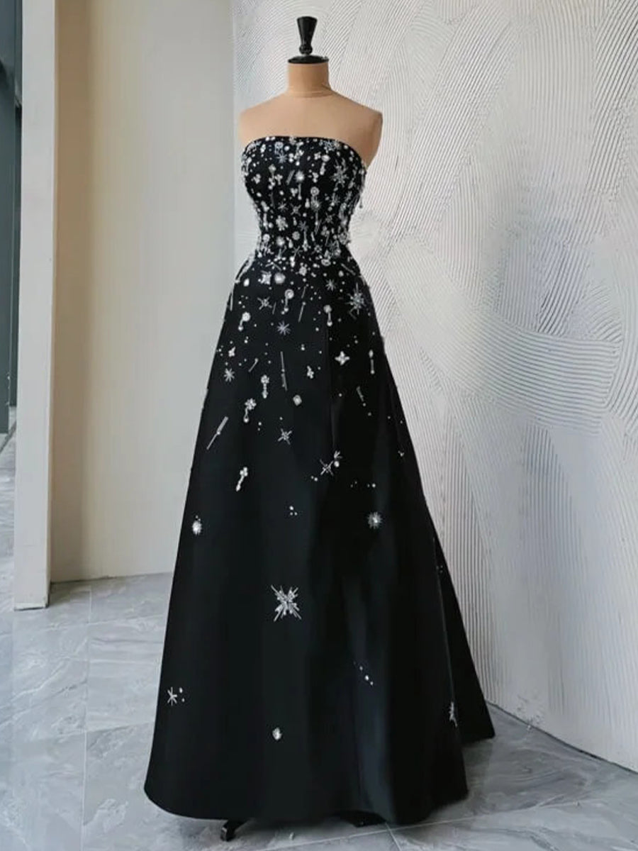 A-line Straight Rhinestone Floor-Length Satin Corset Prom Dress