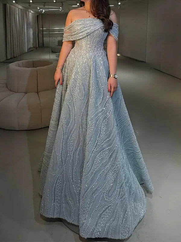 A-line Off-the-Shoulder Ruffles Floor-Length Lace Corset Prom Dress