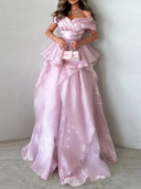 A-line Off-the-Shoulder Cascading Ruffles Sweep Train Corset Prom Dress