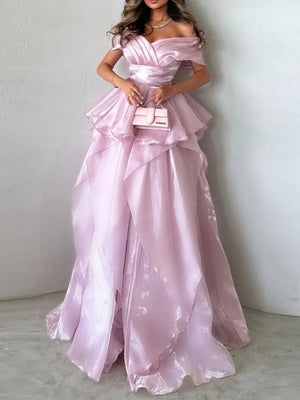 A-line Off-the-Shoulder Cascading Ruffles Sweep Train Corset Prom Dress
