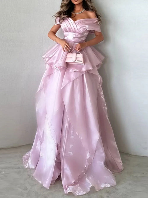 A-line Off-the-Shoulder Cascading Ruffles Sweep Train Corset Prom Dress