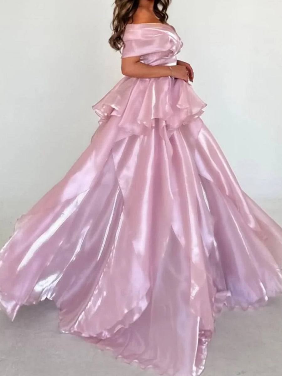 A-line Off-the-Shoulder Cascading Ruffles Sweep Train Corset Prom Dress