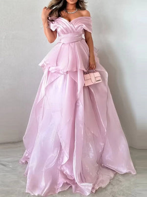 A-line Off-the-Shoulder Cascading Ruffles Sweep Train Corset Prom Dress
