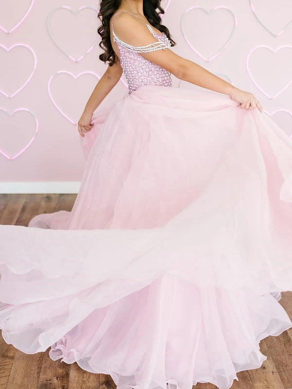 A-line Spaghetti Straps Rhinestone Court Train Chiffon Corset Prom Dress