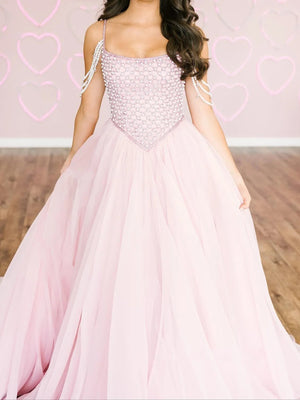 A-line Spaghetti Straps Rhinestone Court Train Chiffon Corset Prom Dress