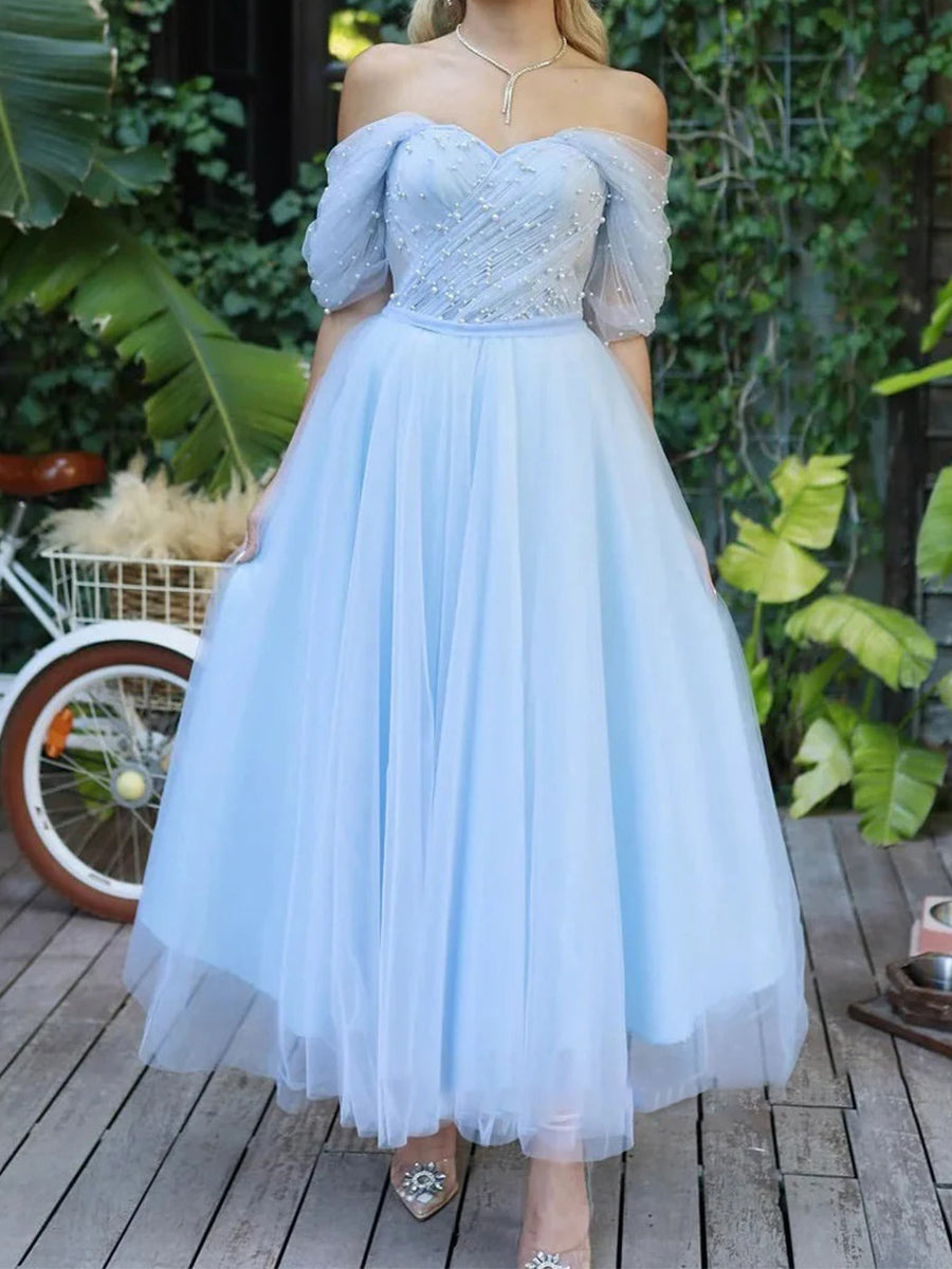 A-line Off-the-Shoulder Rhinestone Ankle-Length Tulle Prom Dress