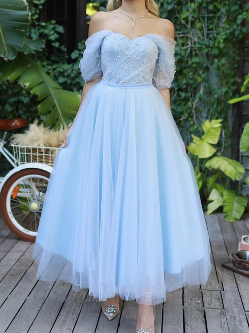 A-line Off-the-Shoulder Rhinestone Ankle-Length Tulle Prom Dress