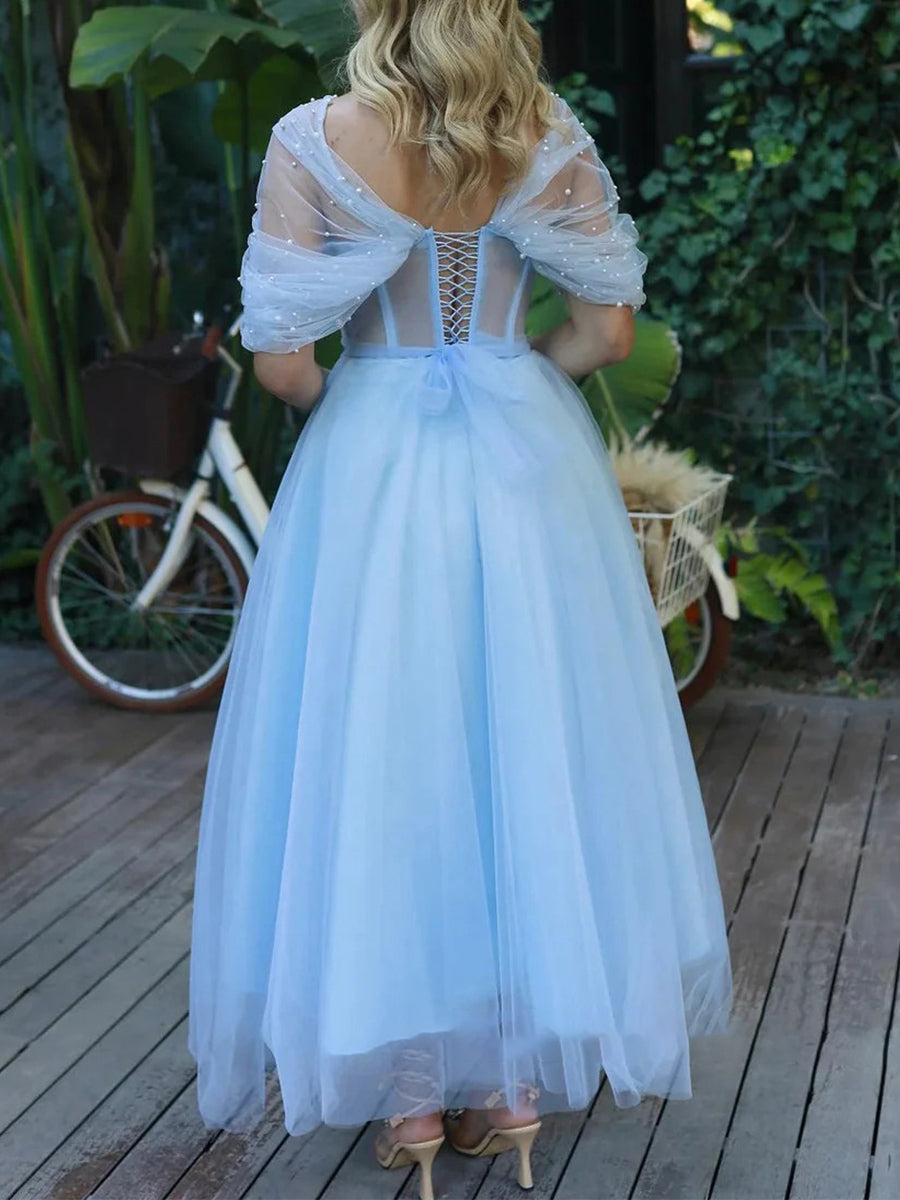 A-line Off-the-Shoulder Rhinestone Ankle-Length Tulle Prom Dress
