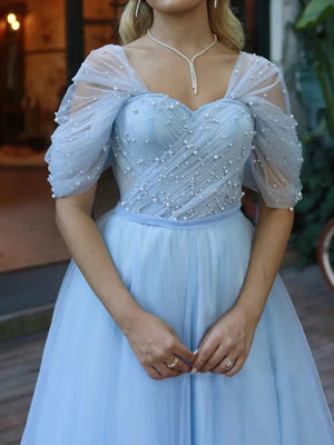 A-line Off-the-Shoulder Rhinestone Ankle-Length Tulle Prom Dress