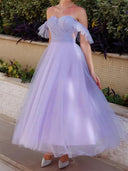 A-line Square Ruffles Ankle-Length Tulle Prom Dress