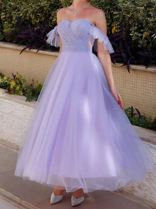 A-line Square Ruffles Ankle-Length Tulle Prom Dress