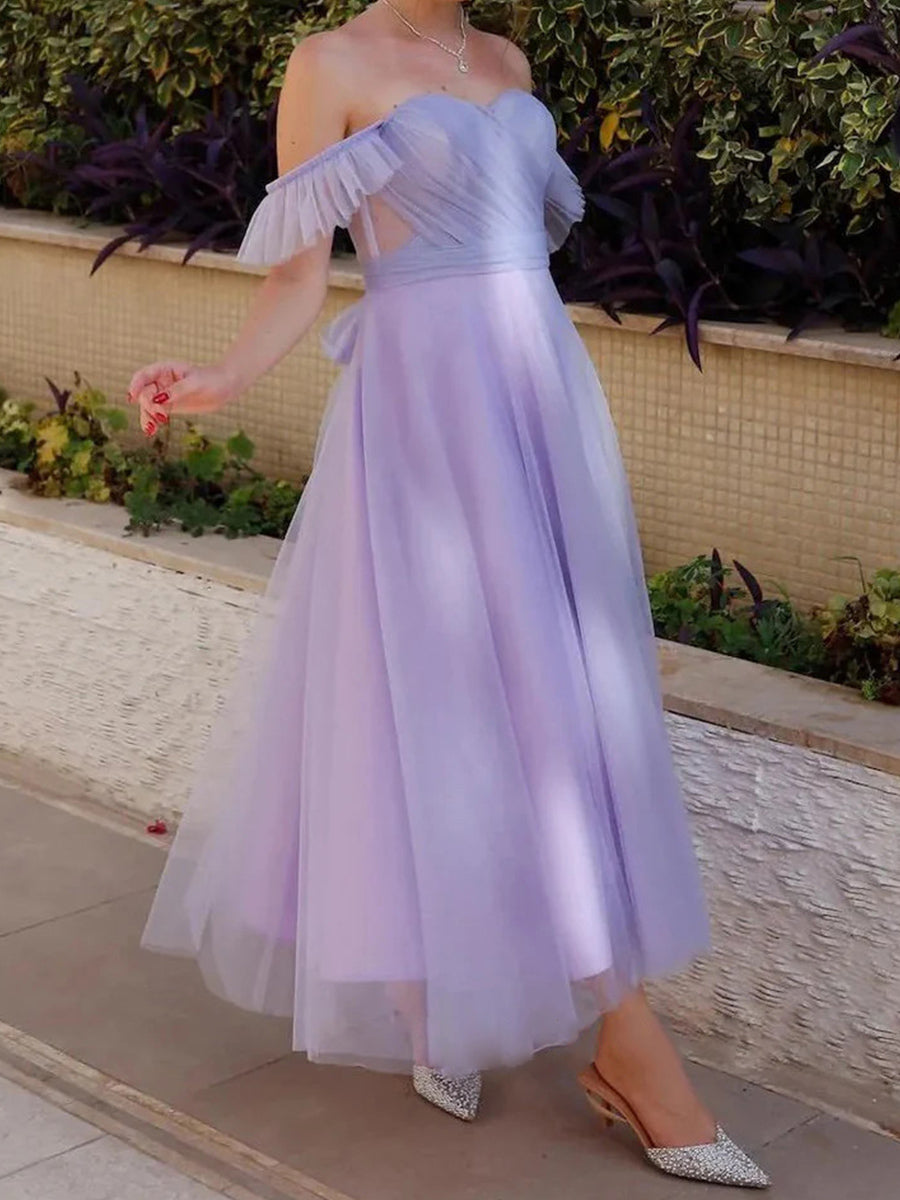 A-line Square Ruffles Ankle-Length Tulle Prom Dress