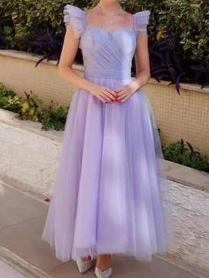 A-line Square Ruffles Ankle-Length Tulle Prom Dress