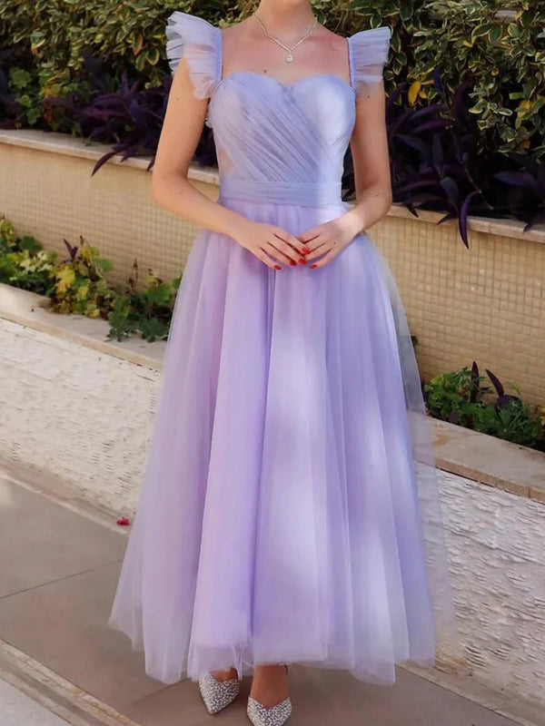 A-line Square Ruffles Ankle-Length Tulle Prom Dress