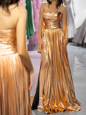 A-line Sweetheart Pleated Court Train Metallic Satin Corset Prom Dress