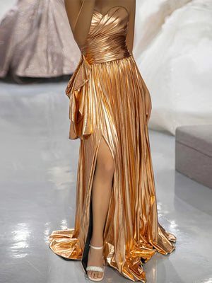 A-line Sweetheart Pleated Court Train Metallic Satin Corset Prom Dress