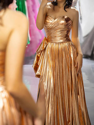 A-line Sweetheart Pleated Court Train Metallic Satin Corset Prom Dress