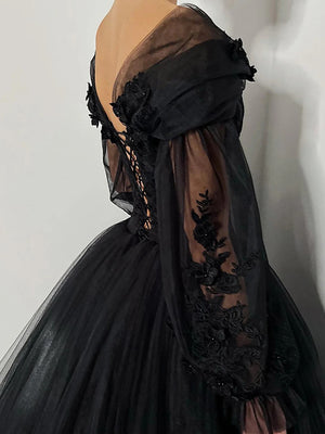 A-line V-neck Long Sleeves Flower Chapel Train Tulle Corset Prom Dress