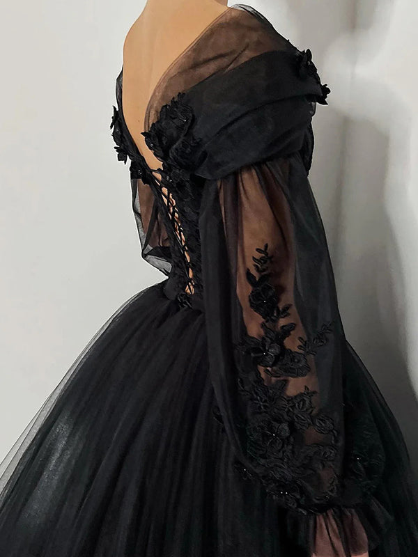 A-line V-neck Long Sleeves Flower Chapel Train Tulle Corset Prom Dress