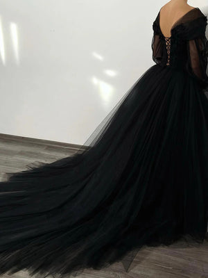 A-line V-neck Long Sleeves Flower Chapel Train Tulle Corset Prom Dress