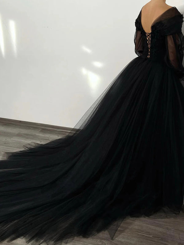 A-line V-neck Long Sleeves Flower Chapel Train Tulle Corset Prom Dress
