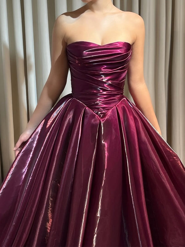 A-line Straight Pleated Floor-Length Metallic Satin Corset Prom Dress