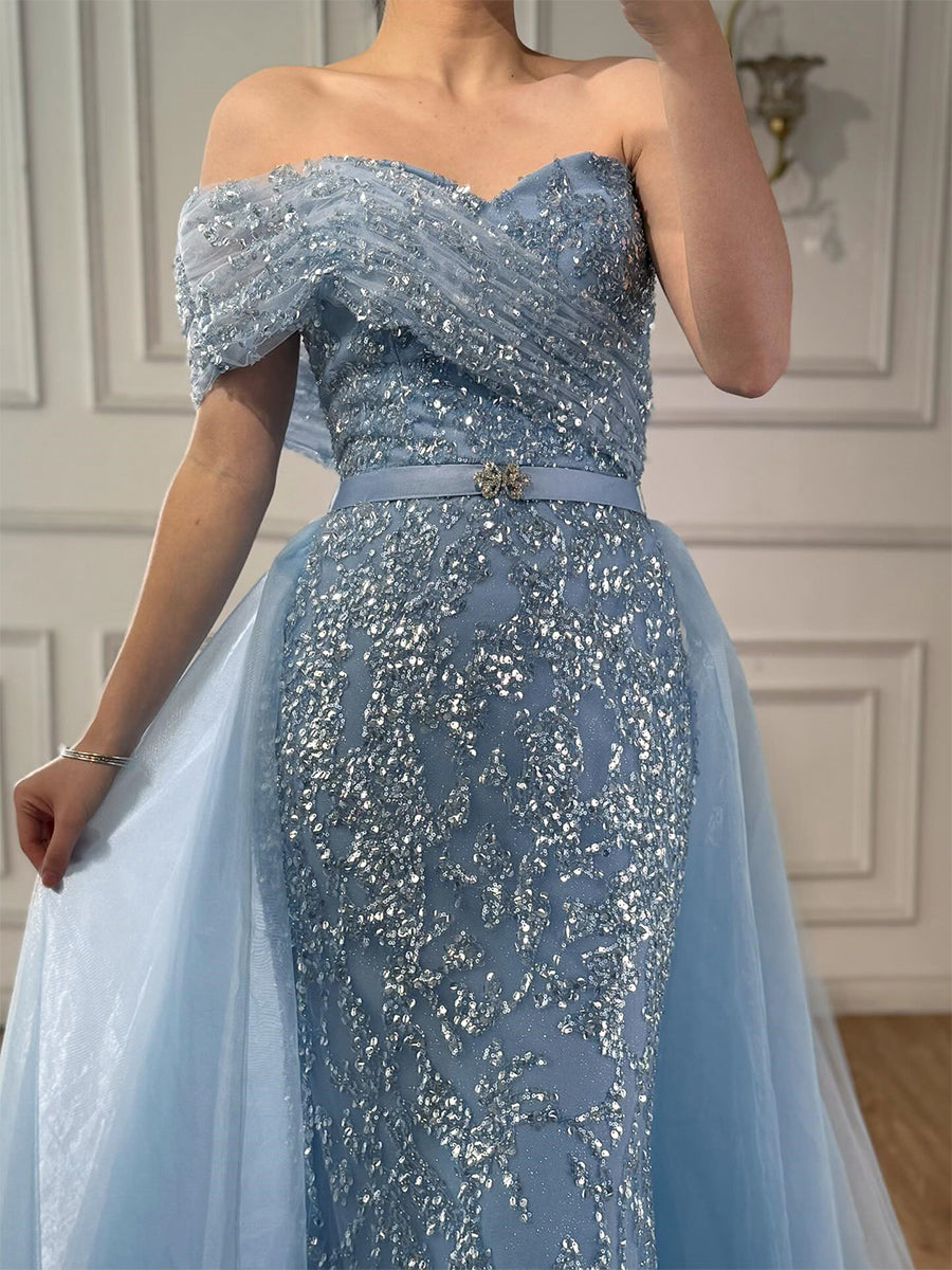 Sheath Off-the-Shoulder Sequin Court Train Tulle Corset Prom Dress