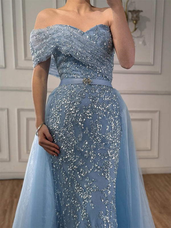 Sheath Off-the-Shoulder Sequin Court Train Tulle Corset Prom Dress
