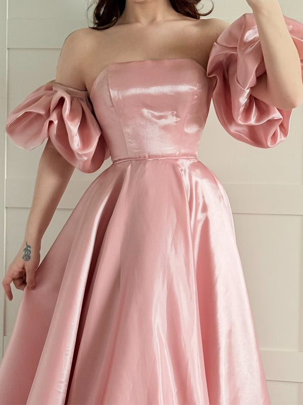 A-line Straight Ruffles Sweep Train Satin Corset Prom Dress
