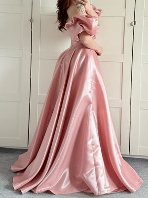 A-line Straight Ruffles Sweep Train Satin Corset Prom Dress