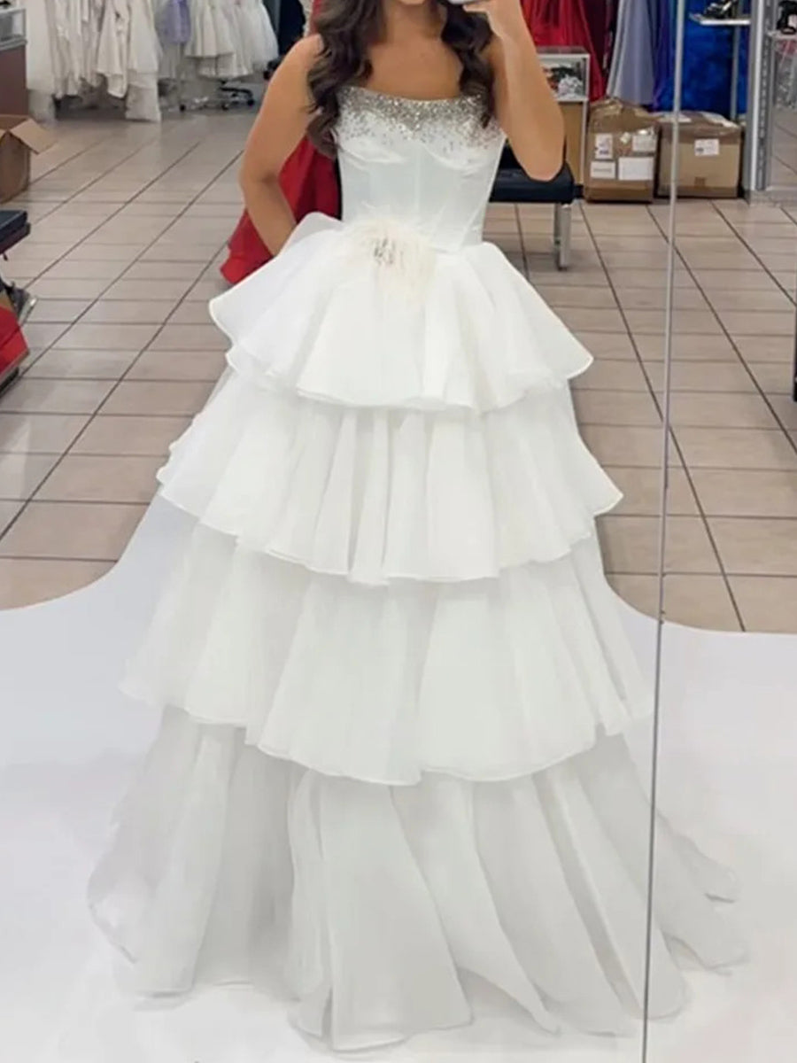 A-line Straight Cascading Ruffles Floor-Length Tulle Corset Prom Dress