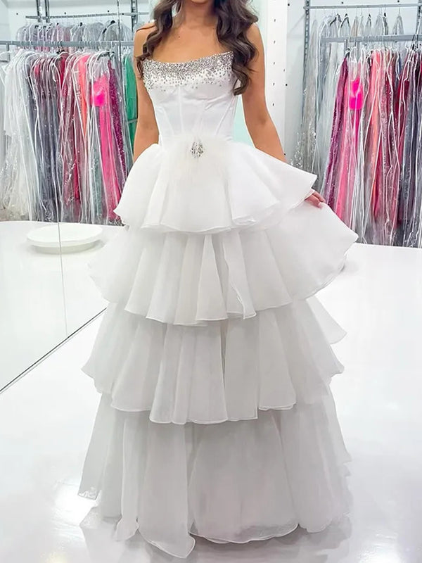 A-line Straight Cascading Ruffles Floor-Length Tulle Corset Prom Dress