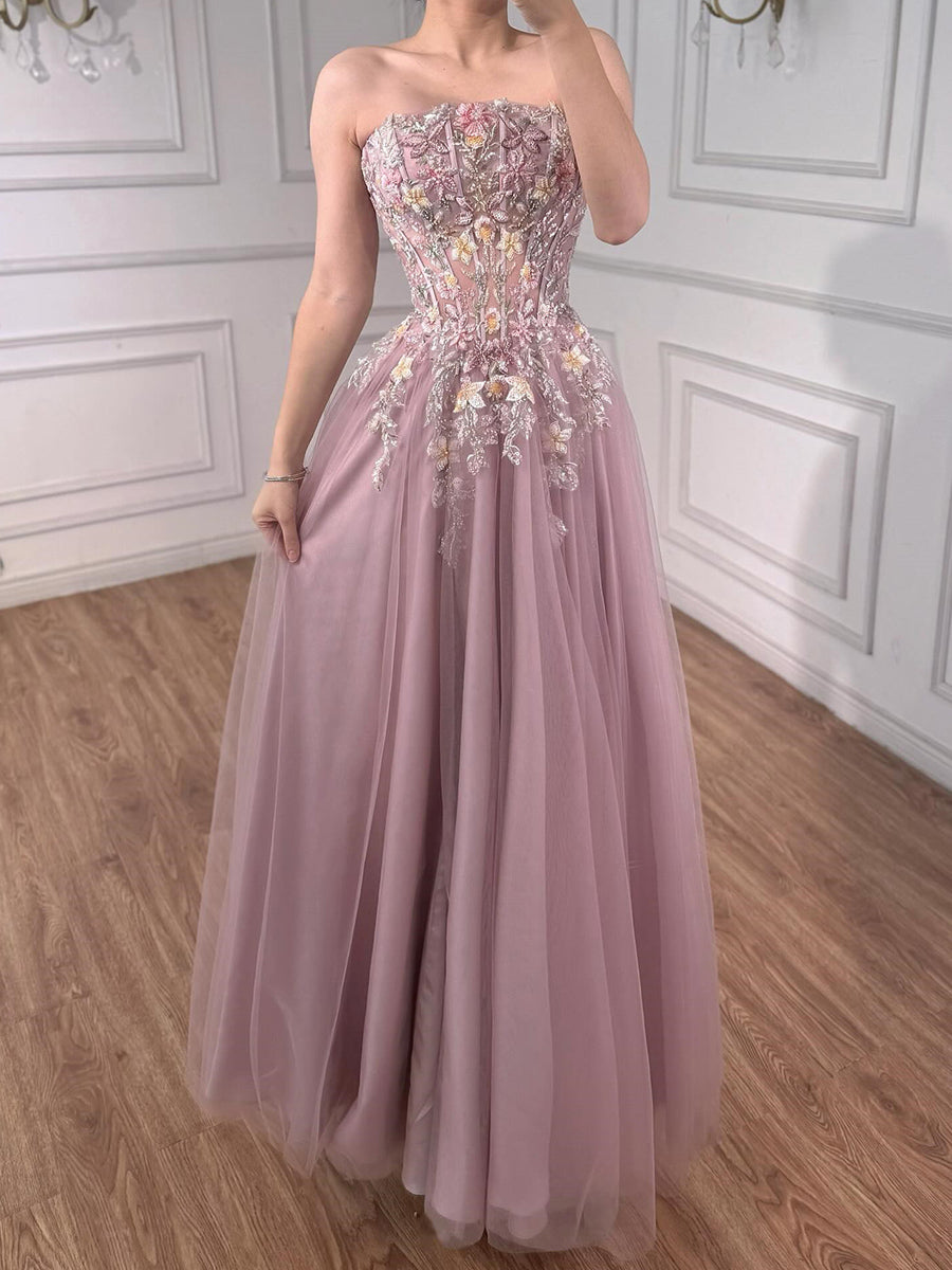 A-line Straight Appliques Lace Floor-Length Tulle Corset Prom Dress