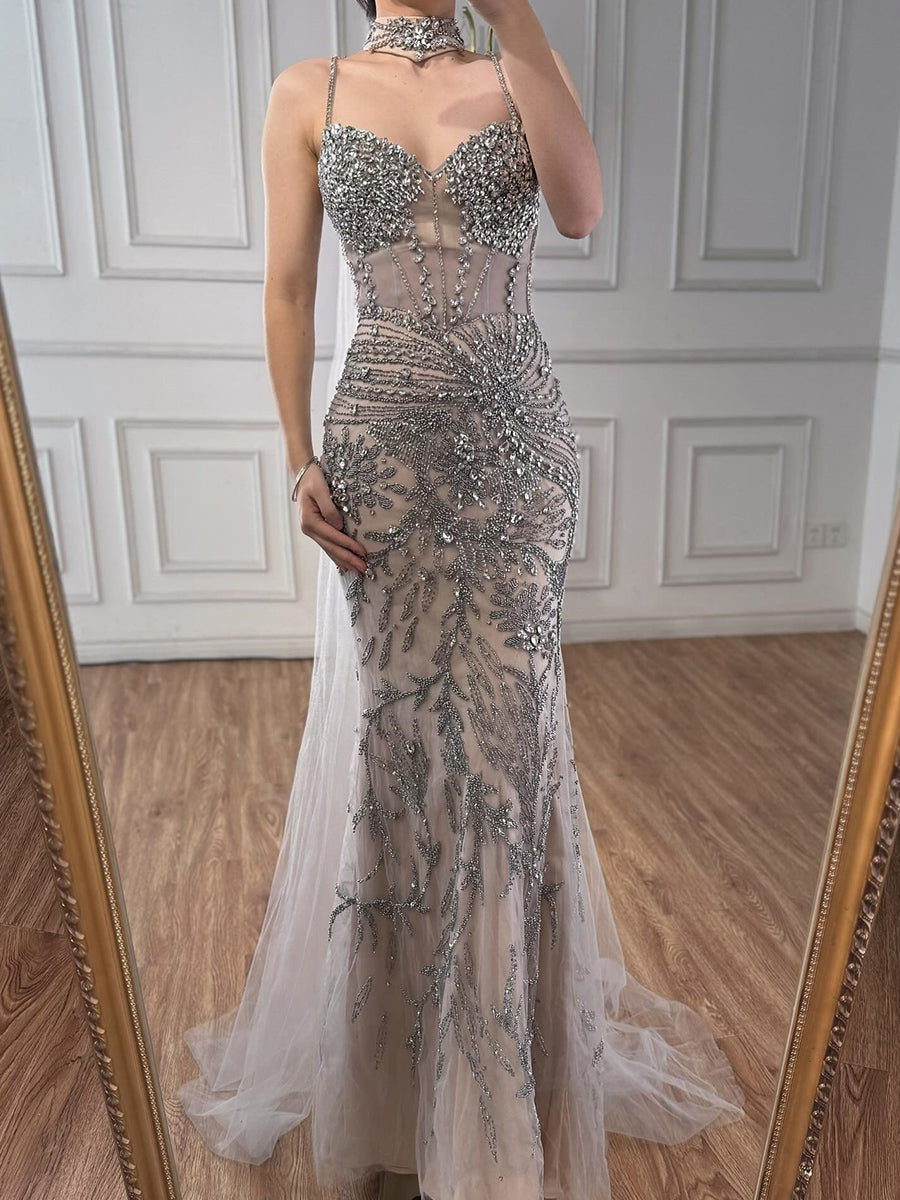 Sheath Spaghetti Straps Beading Floor-Length Tulle Prom Dress