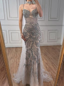 Sheath Spaghetti Straps Beading Floor-Length Tulle Prom Dress