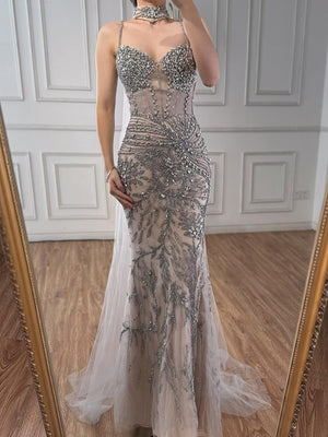 Sheath Spaghetti Straps Beading Floor-Length Tulle Prom Dress