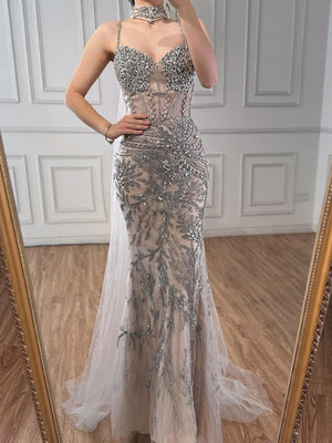 Sheath Spaghetti Straps Beading Floor-Length Tulle Prom Dress