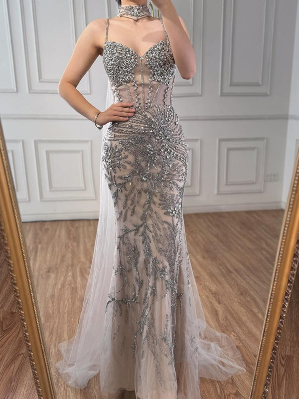 Sheath Spaghetti Straps Beading Floor-Length Tulle Prom Dress