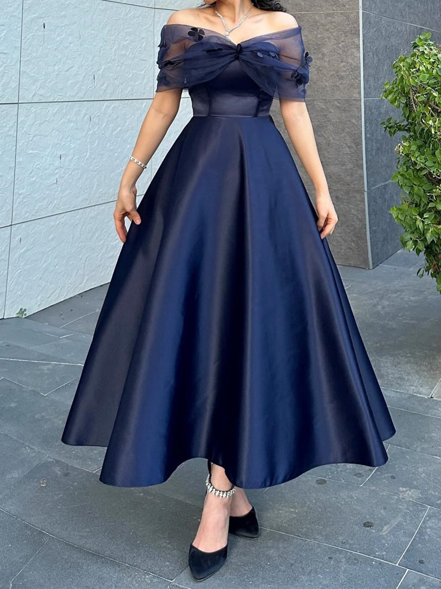 A-line Off-the-Shoulder Flower Ankle-Length Satin Corset Prom Dress