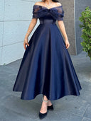 A-line Off-the-Shoulder Flower Ankle-Length Satin Corset Prom Dress