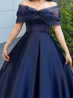 A-line Off-the-Shoulder Flower Ankle-Length Satin Corset Prom Dress