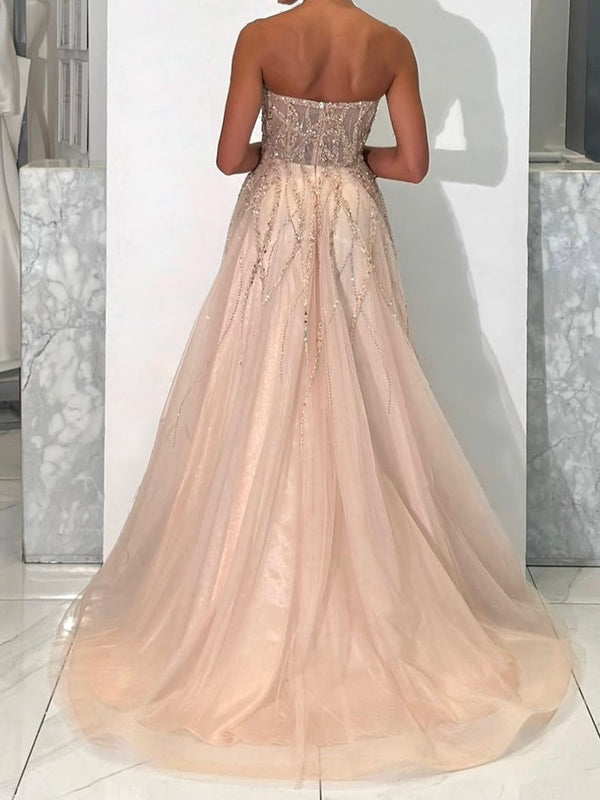 A-line Straight Appliques Lace Sweep Train Tulle Prom Dress