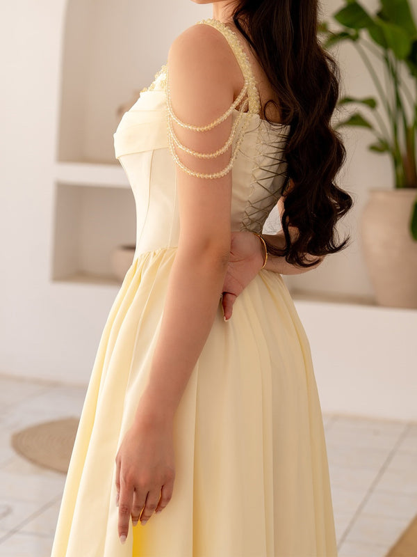 A-line Spaghetti Straps Ruffles Floor-Length Silk Like Satin Corset Prom Dress