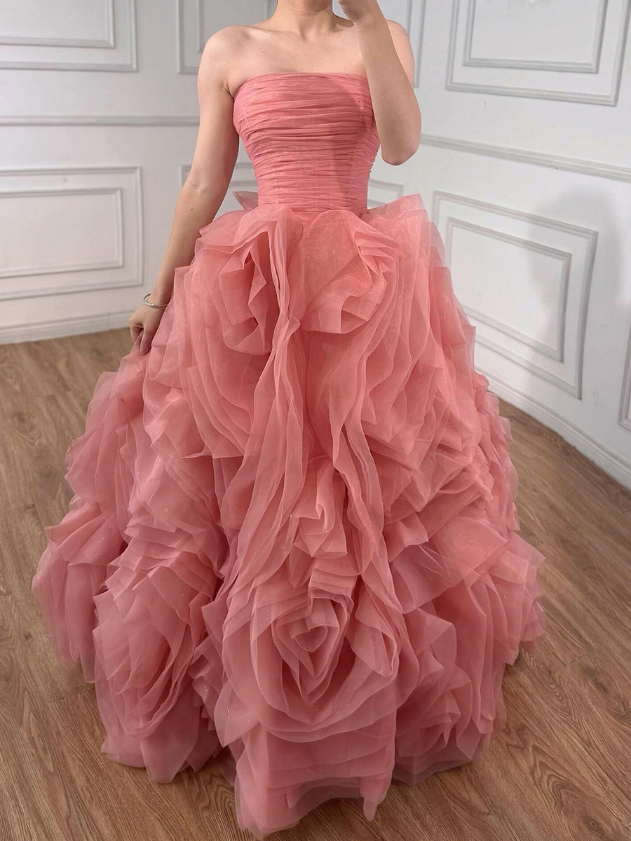 A-line Straight Cascading Ruffles Floor-Length Tulle Corset Prom Dress