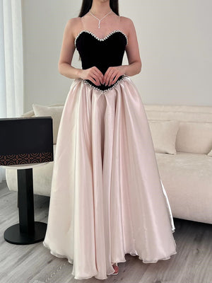 A-line Sweetheart Rhinestone Floor-Length Satin Corset Prom Dress