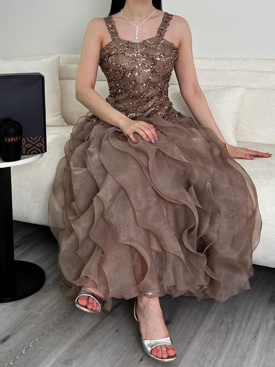 A-line Straps Sequin Floor-Length Tulle Corset Prom Dress